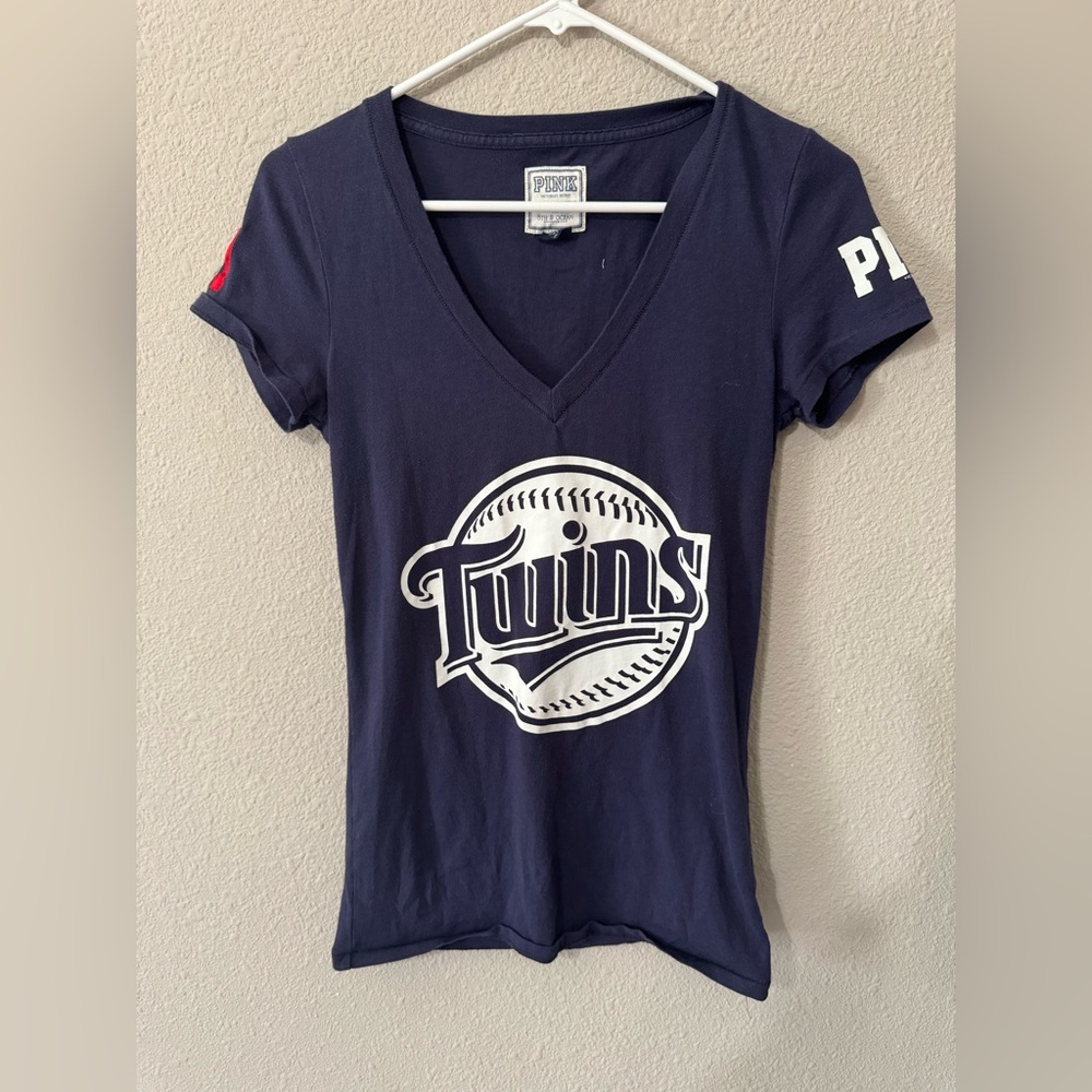 PINK Navy "Twins" V-Neck Tee